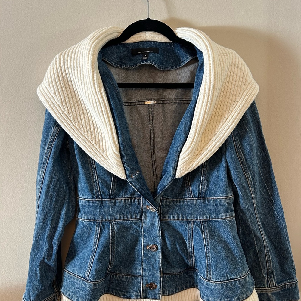 White House Black Market Blue Denim Jacket with Cream Collar